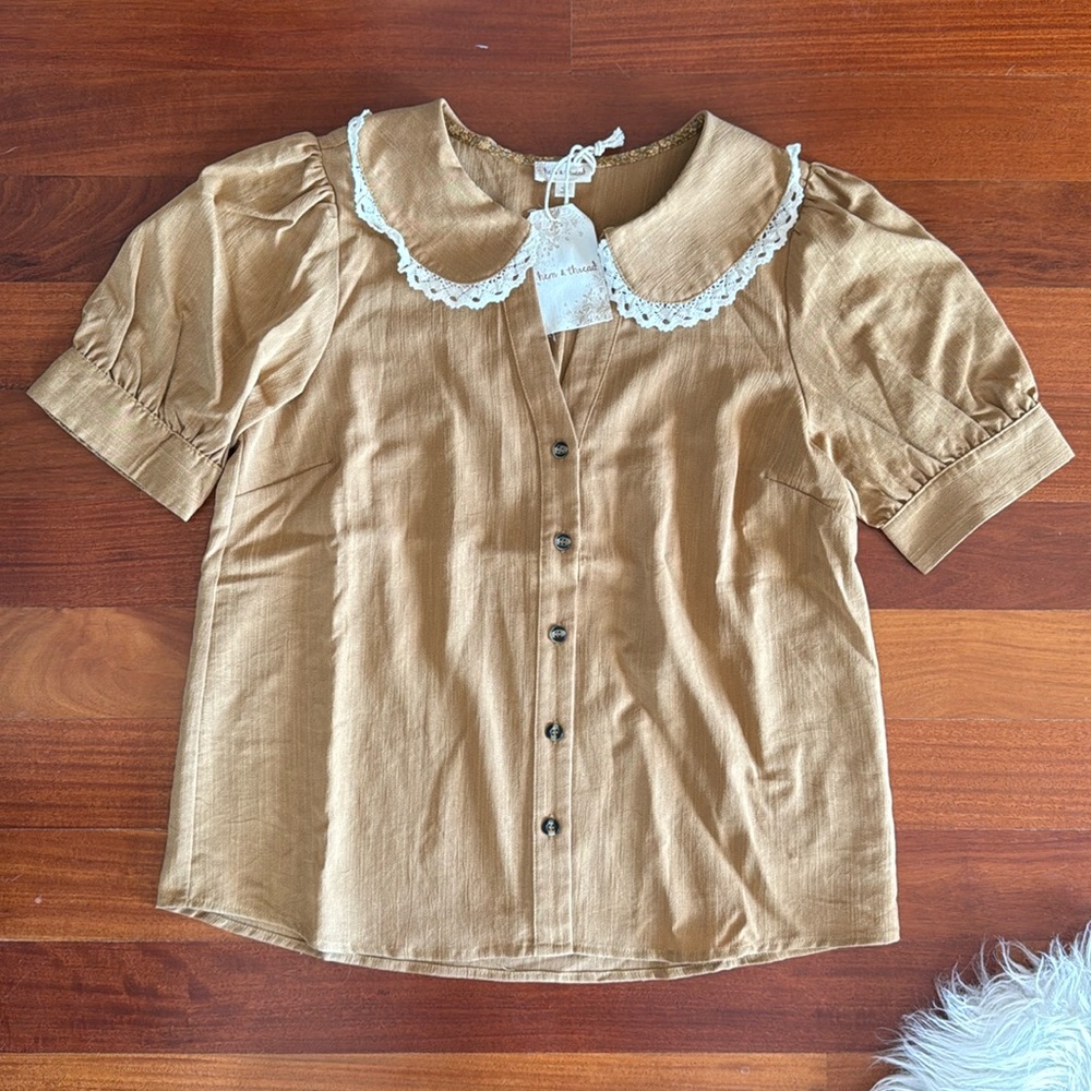Hem & Thread Lace Peter Pan Collar Button Front Blouse in Camel